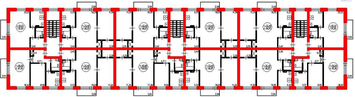 План этажа блочной хрущевки 1-510 с несущими стенами и диафрагмами (отмечены красным)