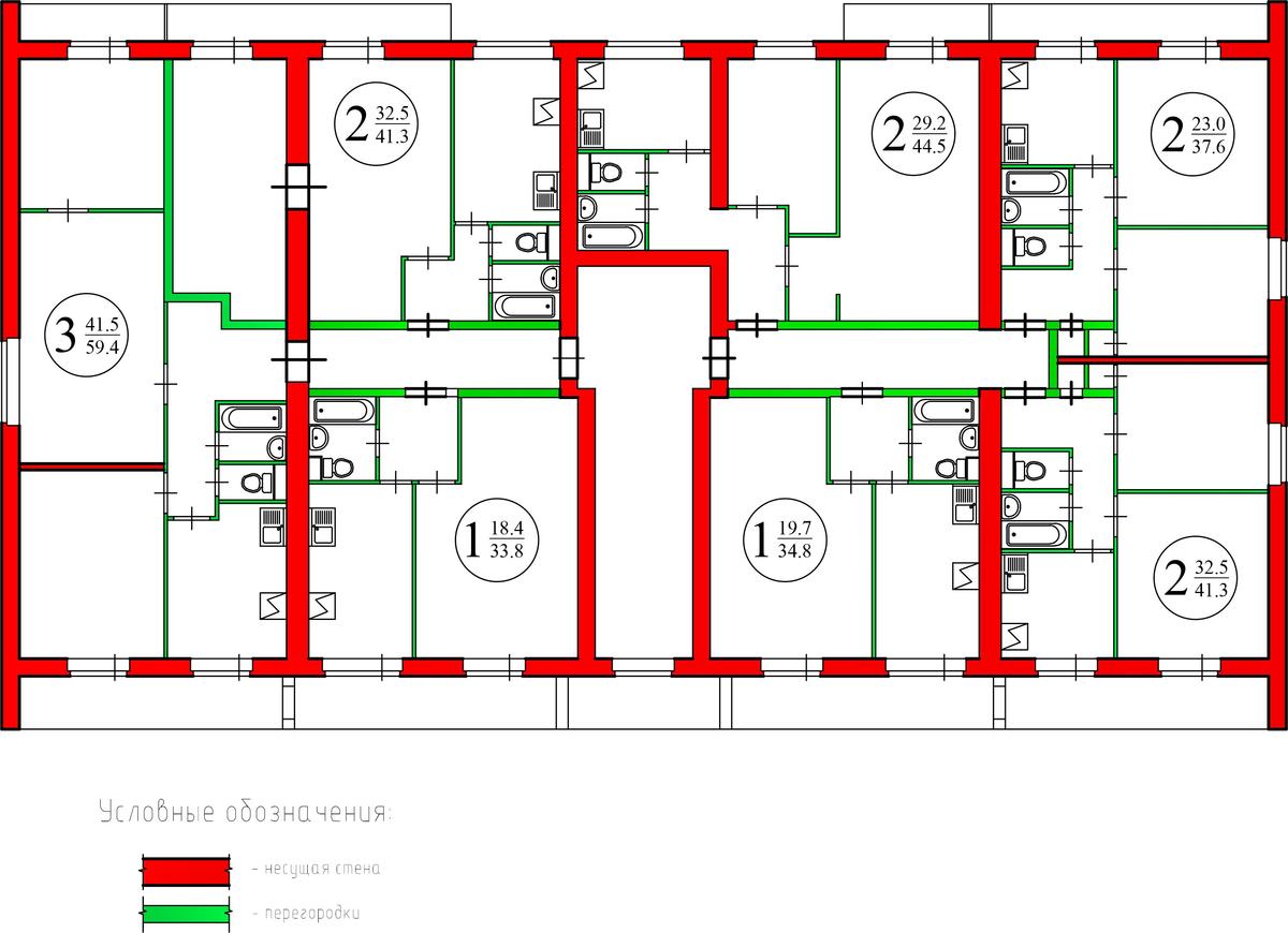 план дома серии и-209а с обозначением несущих стен