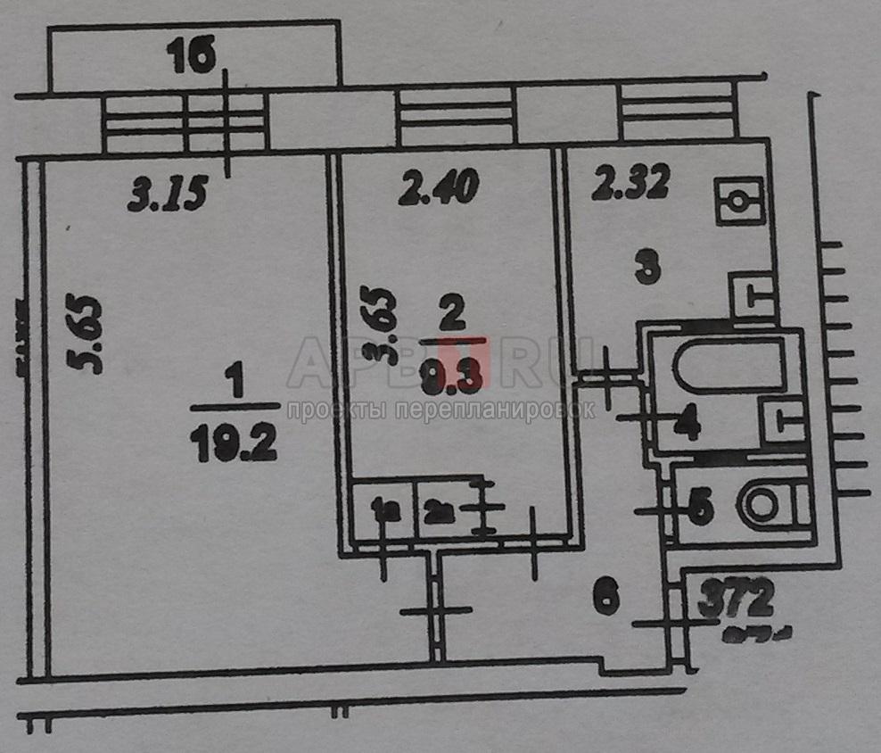 Планировка БТИ двухкомнатной квартиры серии II-29 с размерами