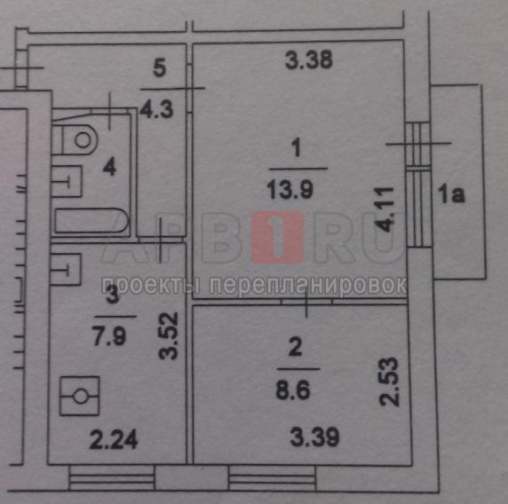 План БТИ двухкомнатной квартиры серии II-18 Планировка с размерами