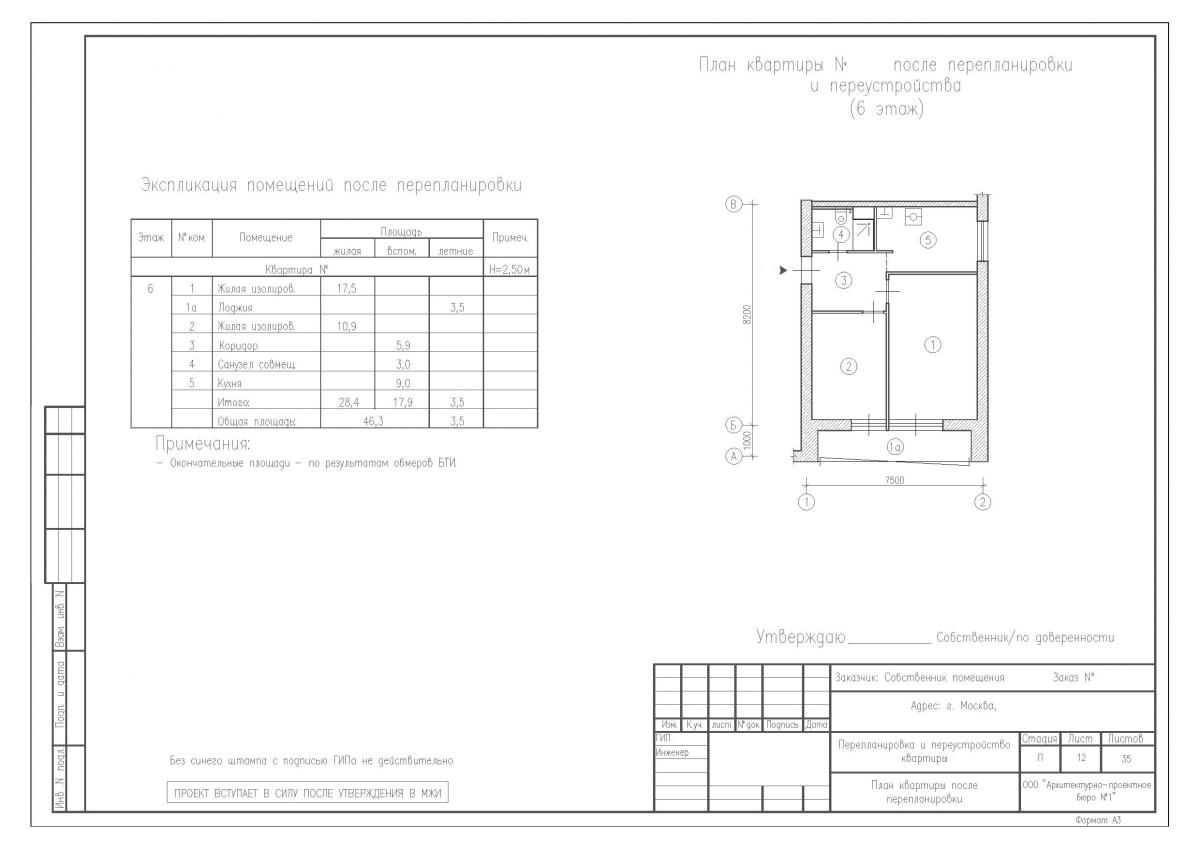 Перепланировка двухкомнатной квартиры в доме серии II-68, план после