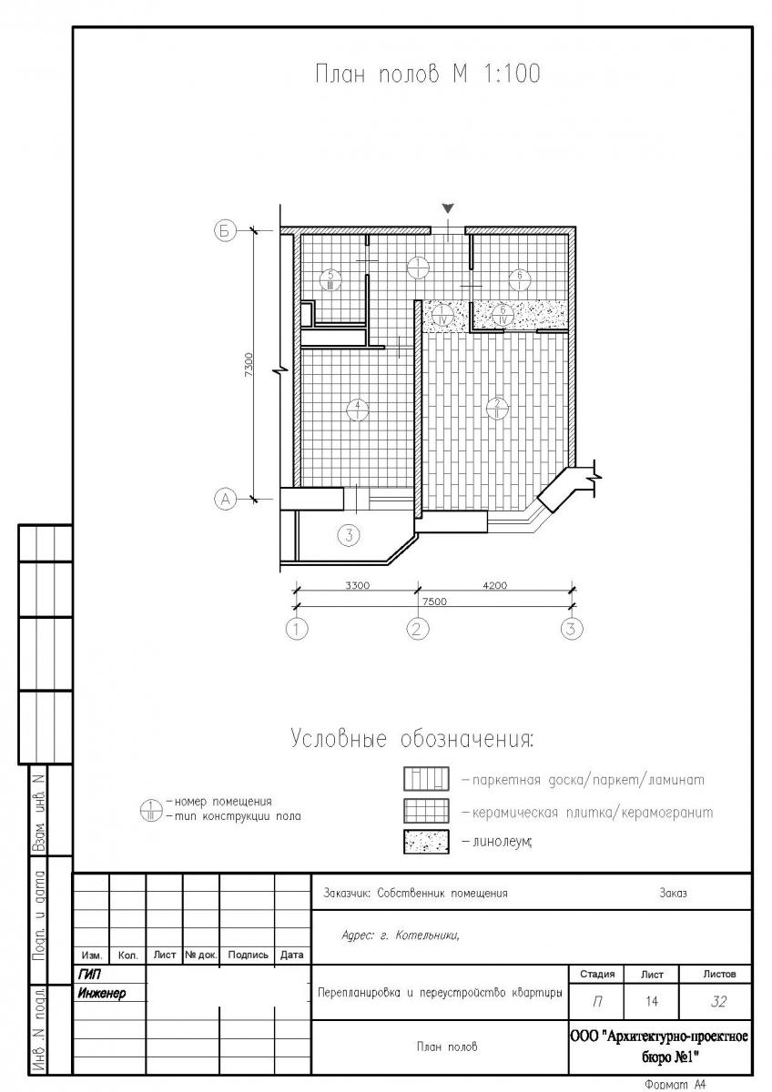 Проект перепланировки однокомнатной квартиры, план полов