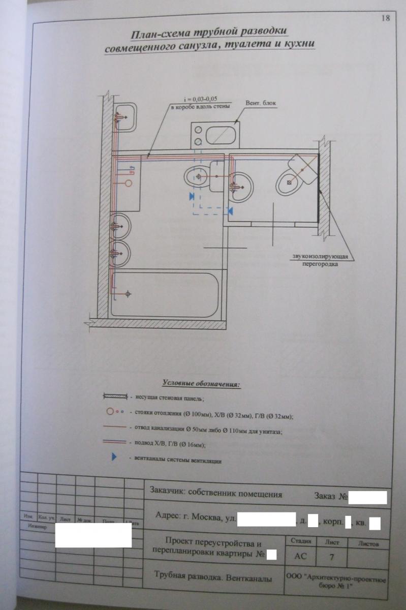 Проект перепланировки в панельном доме серии П3М-1/16Н1 с устройством проема, схема трубной разводки