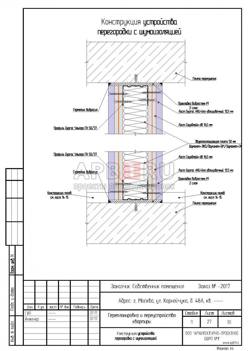 Проект перепланировки трехкомнатной квартиры в серии 1-515, конструкция устройства перегородки с шумоизоляцией