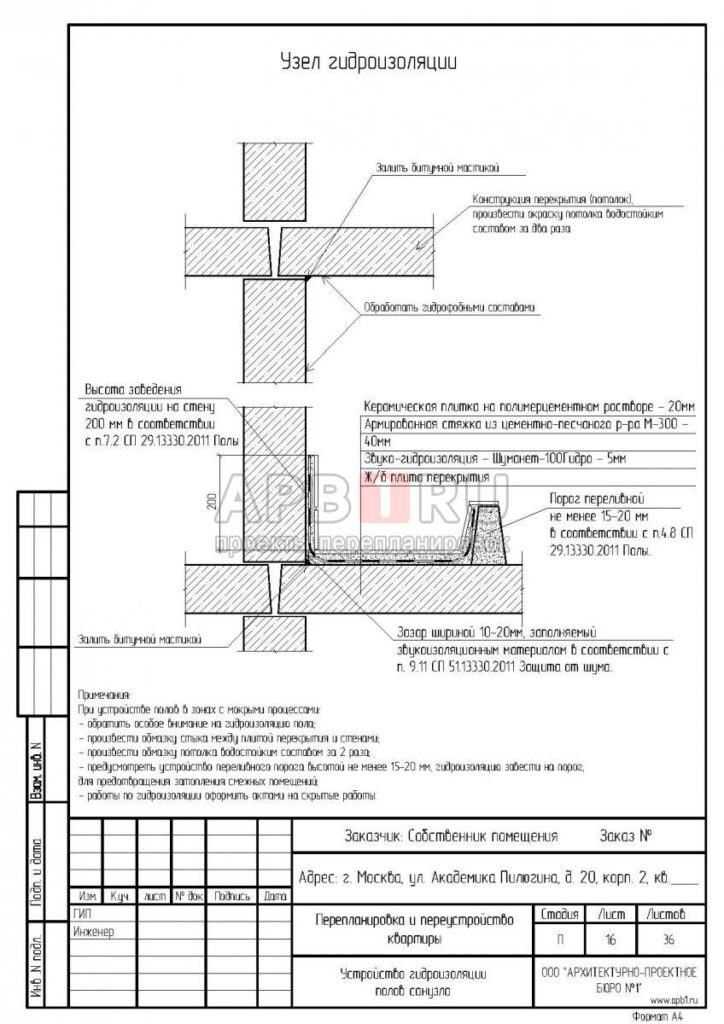 Проект перепланировки двухкомнатной квартиры в доме серии КМС-101, гидроизоляция пола в санузле