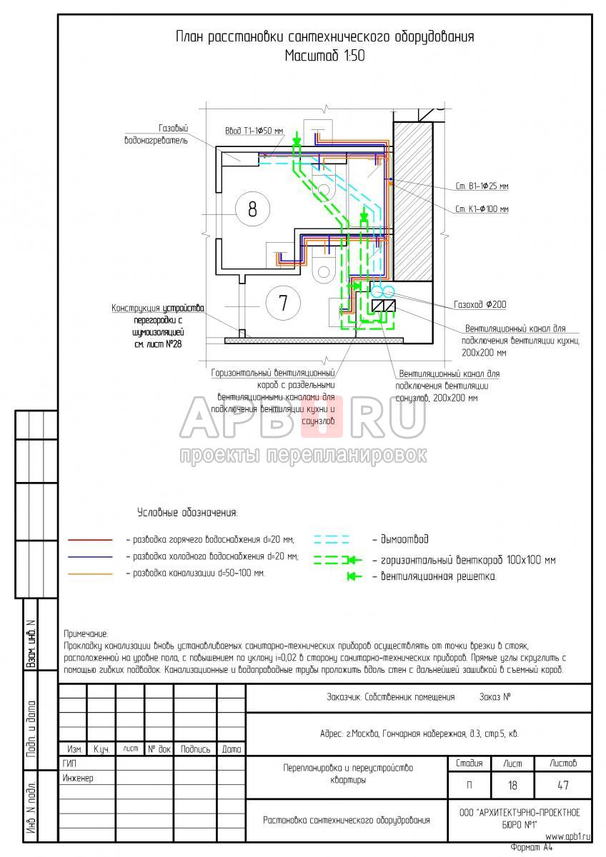 Проект перепланировки 5-комнатной квартиры в старом доме, план расстановки сантехнического оборудования