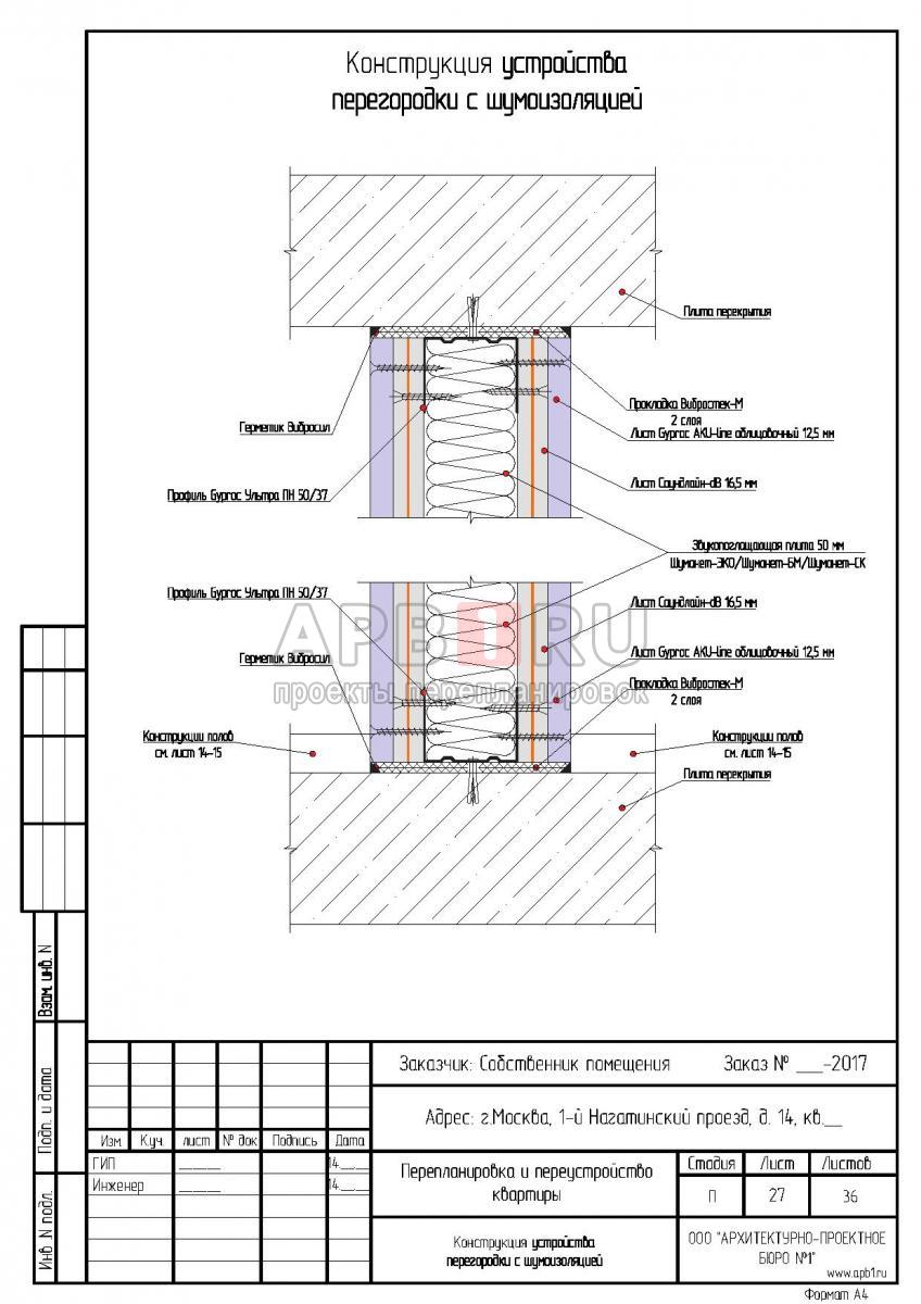 Проект перепланировки квартиры в ЖК Дом на Нагатинской, перегородка с шумоизоляцией
