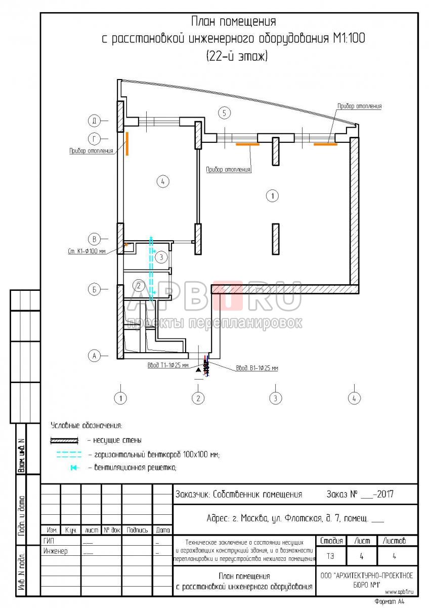 Техническое заключение на перепланировку апартаментов в ЖК Флотилия, план помещения с расстановкой инженерного оборудования