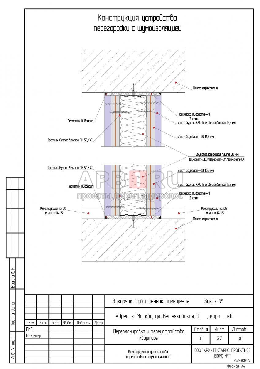 Перепланировка квартиры в ЖК Вешняки, схема устройства перегородки с шумоизоляцией