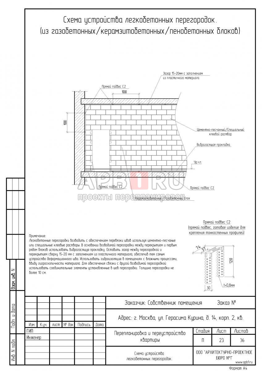 Проект перепланировки двухкомнатной квартиры в П 44, перегородки - схема устройства