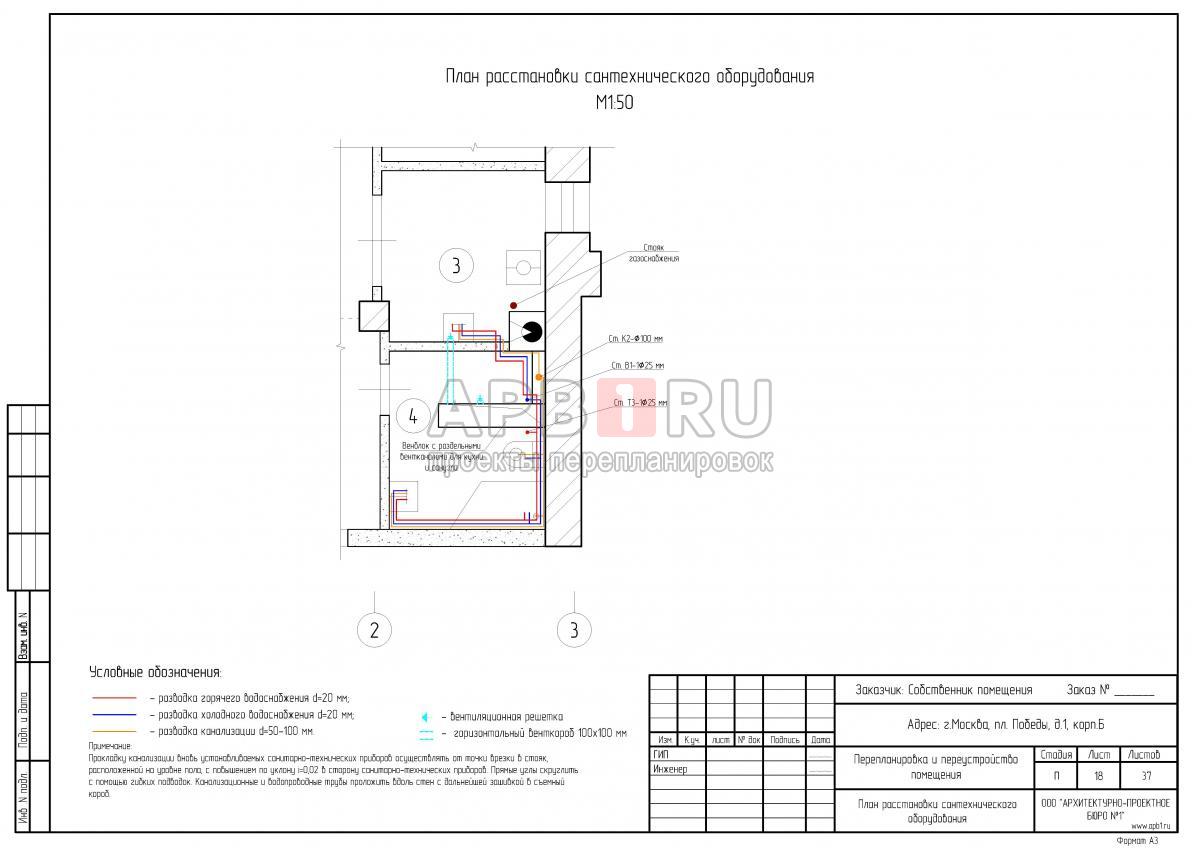 Проект перепланировки квартиры в сталинке, план расстановки сантехоборудования