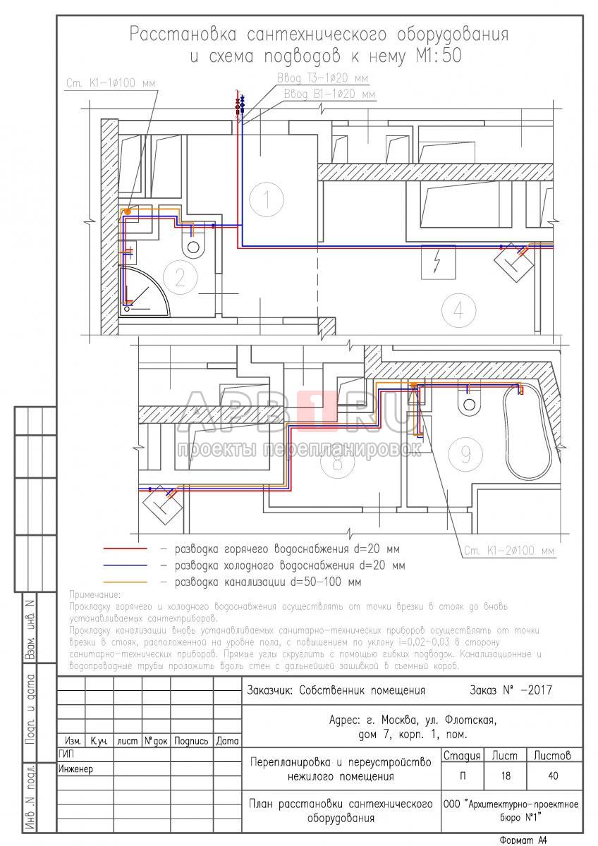 Проект перепланировки апартаментов в ЖК Флотилия, расстановка сантехоборудования