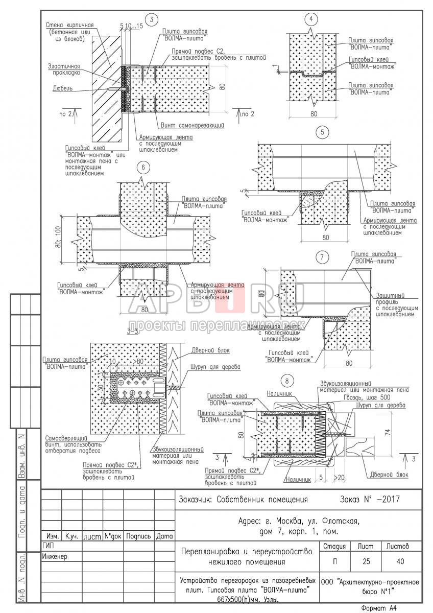 Проект перепланировки апартаментов в ЖК Флотилия, узлы перегородок