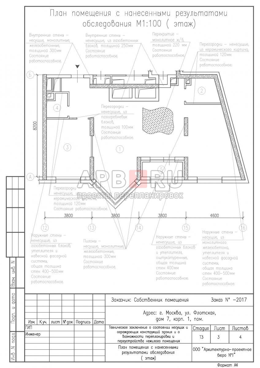 ТЗ на перепланировку апартаментов в ЖК Флотилия, план помещения с результатами обследования