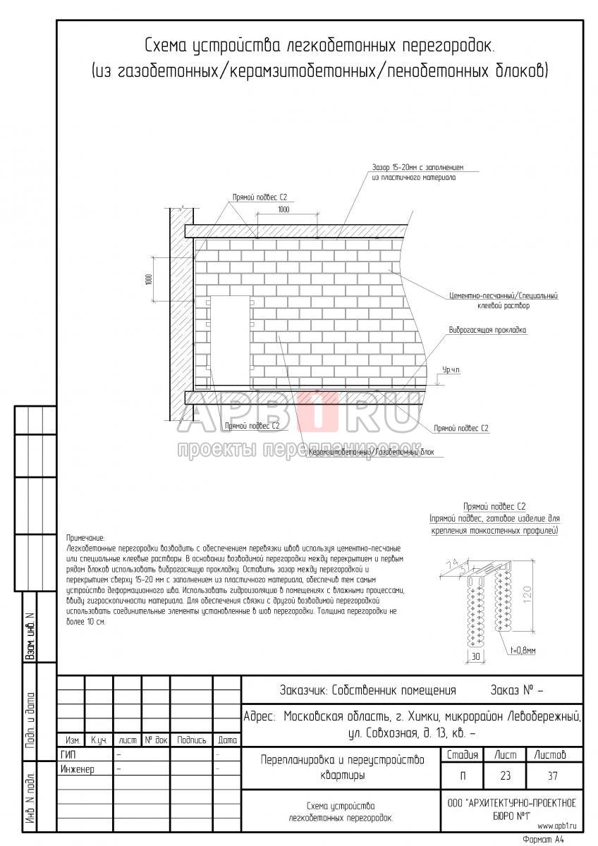 Проект перепланировки квартиры в Химках, схема устройства перегородок