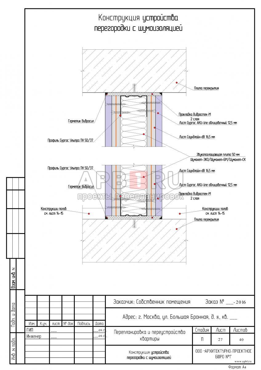 Проект перепланировки трехкомнатной квартиры 60 кв. м, конструкция устройства перегородки с шумоизоляцией