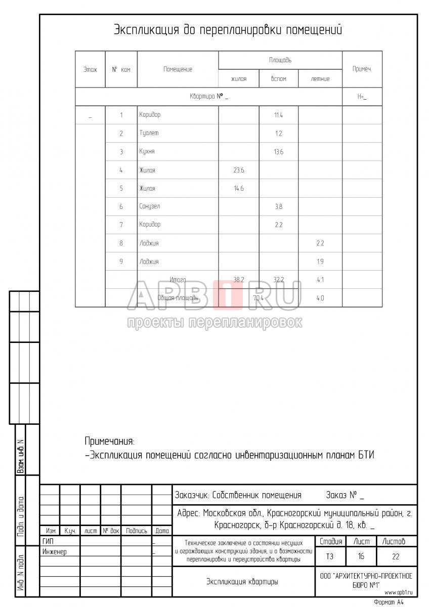 ТЗК на перепланировку квартиры в доме серии И-155 в Красногорске, экспликация до