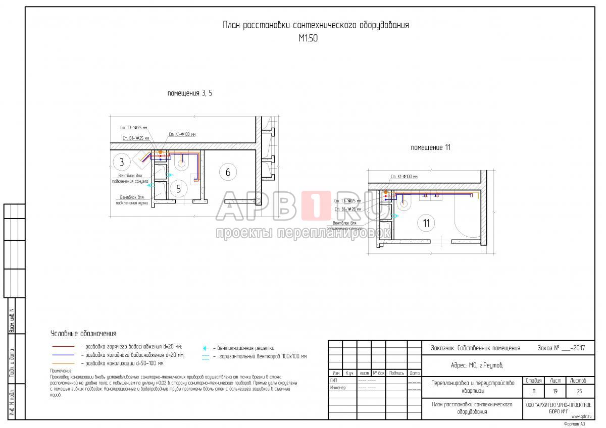 Перепланировка двухуровневой квартиры в Реутове, план расстановки сантехнического оборудования