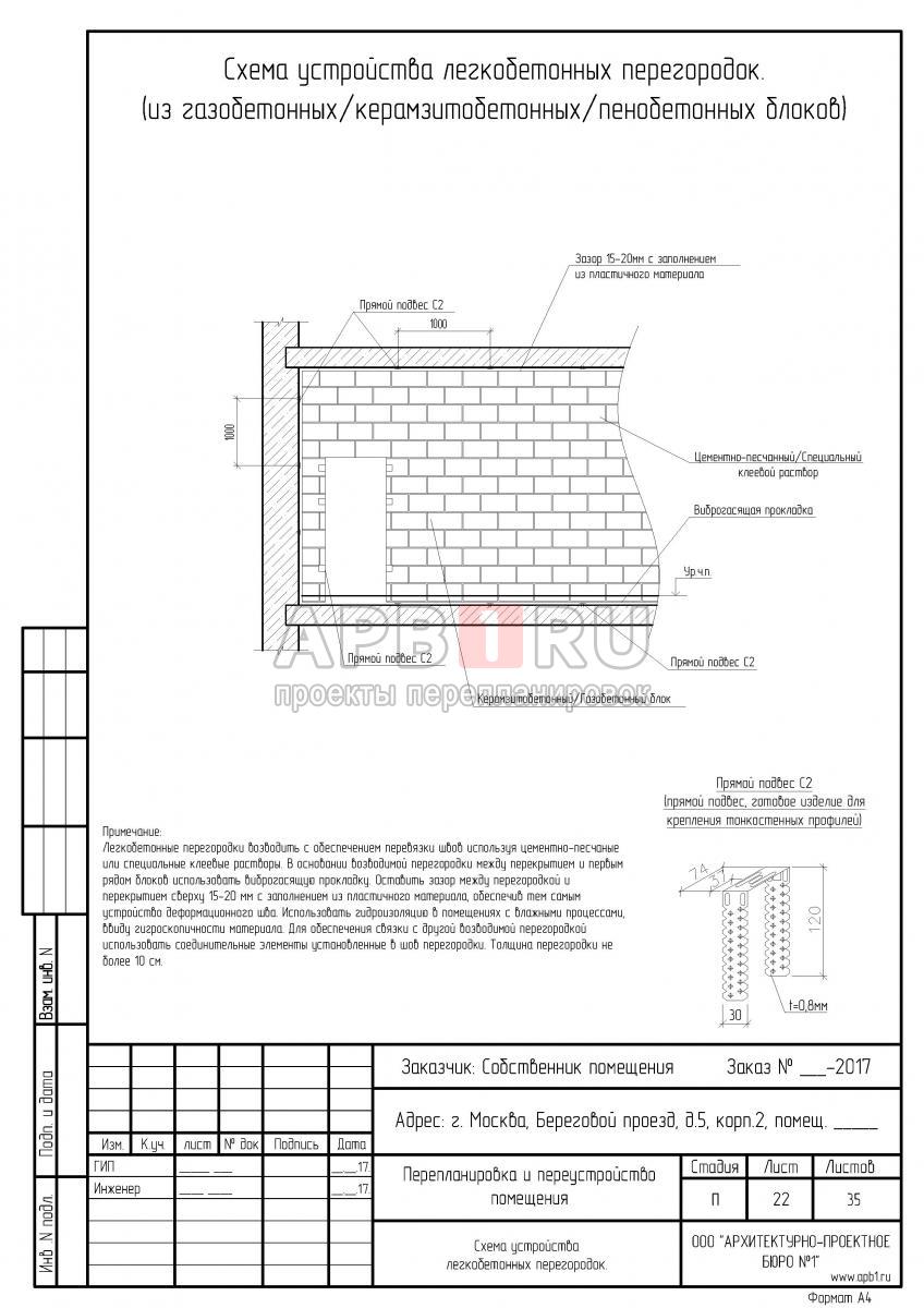 Проект перепланировки для апартаментов ЖК Фили Град, схема устройства перегородок